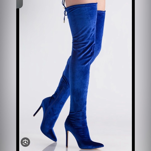 Velvet Pointy Blue Thigh High Boots - Picture 2 of 2
